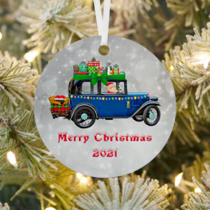 Ornement de Noël Santa dans une voiture bleue pour