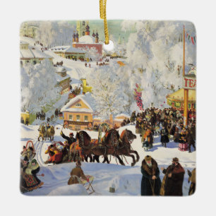 Ornement De Noël - Scène D'Hiver Vintage Céramique