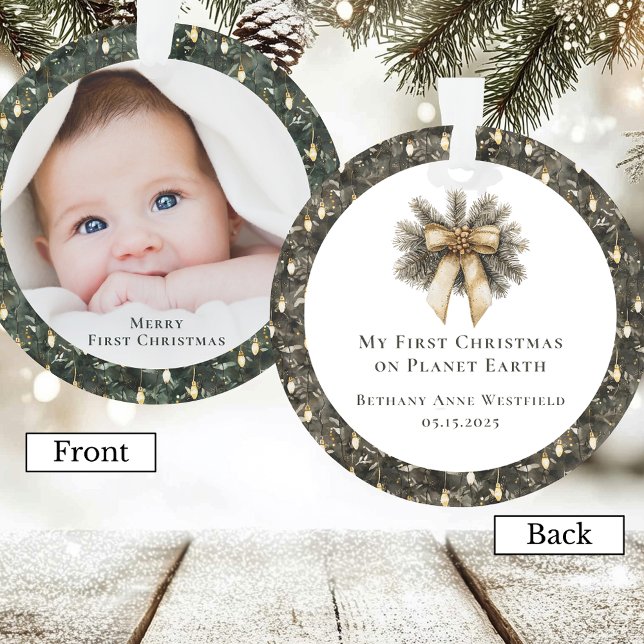 Ornement de Noël Souvenir Première Fête de Bébé (Baby's First Christmas Tree Lights Photo Keepsake Acrylic Ornament)