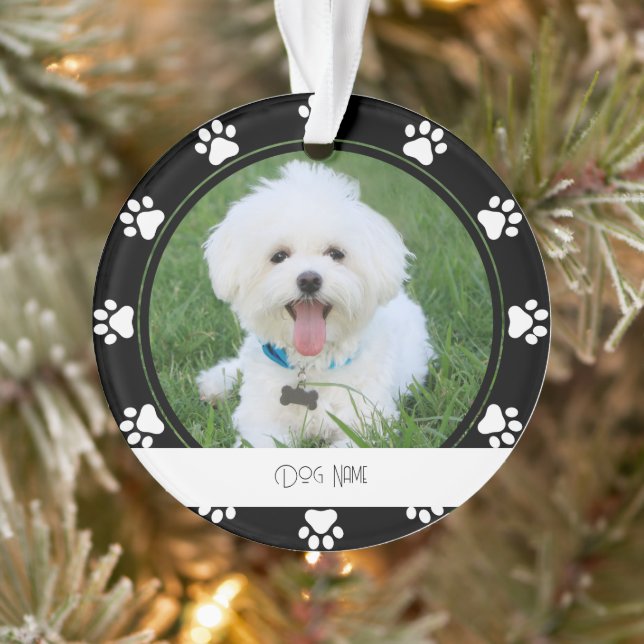 Ornement de nom de chien Empreintes de patte blanc (Arbre)