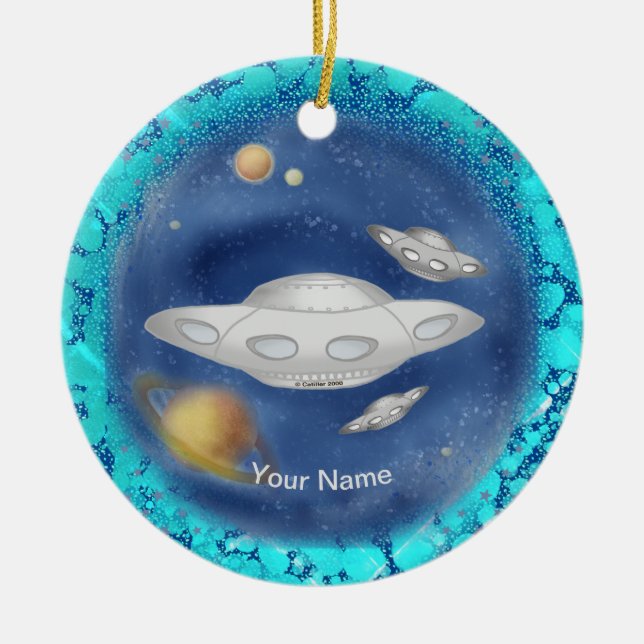 Ornement de nom personnalisé Alien Gray Spaceship (Devant)