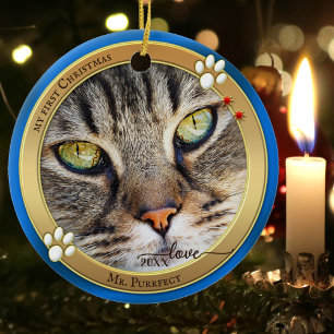 Ornement de photo de chat mignon Blue Gold