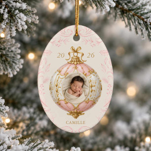 Ornement de photo de Noël pour bébé fille rose