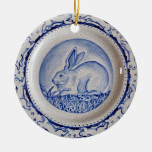 Ornement de poterie de lapin bleu et blanc, "bleu 