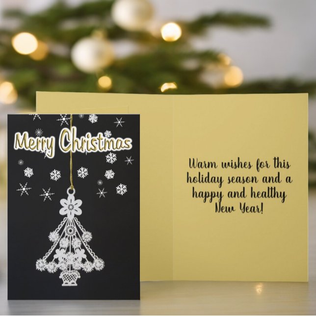 Ornement de sapin de Noël blanc sur modèle noir (Black and gold cover and inside template text Christmas card)