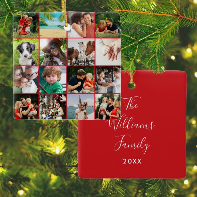 Ornement En Céramique 16 Famille Préférée Photo Collage Nom du script (16 Favorite Family Photo Collage Script Name Ceramic Ornament)