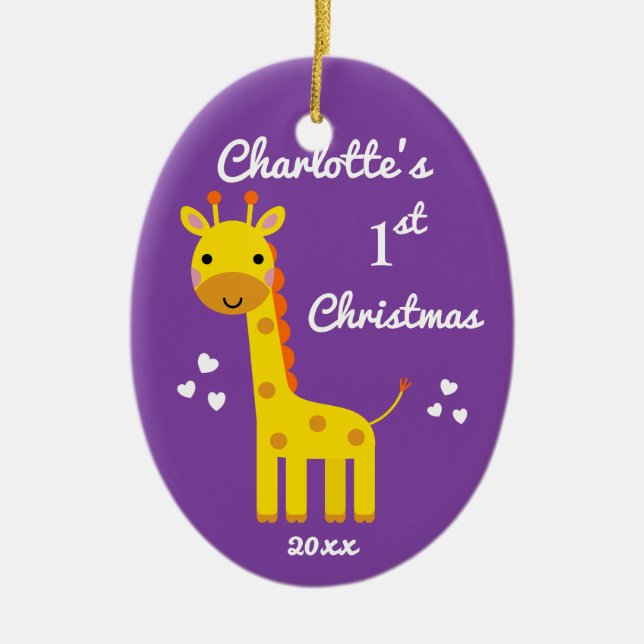 Ornement En Céramique 1er cadeau de Noël pour bébé Giraffe amusant Purpl (Devant)