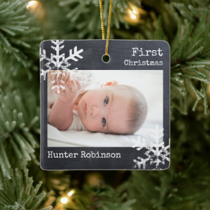 Ornement En Céramique 1er Noël de bébé Flocons de neige Gris Charbon Pho