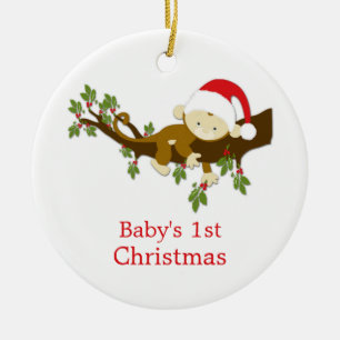 Ornement En Céramique 1er Noël de bébé Petit Singe Holly Photo