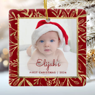Ornement En Céramique 1er Noël de bébé Photo Feuillage Bourgogne Or