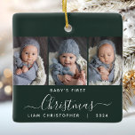 Ornement En Céramique 1er Noël de bébé Vert foncé 3 Script photo<br><div class="desc">Aidez-les à commémorer le premier Noël de leur petit-enfant avec ce magnifique ornement moderne de gardien. Le texte blanc indique "Le premier Noël du bébé", avec le mot "Noël" dans un élégant script d'écriture manuscrite avec des fioritures avant et après sur un arrière - plan vert foncé. Remplacez les trois...</div>
