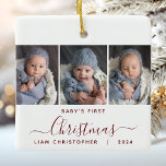 Ornement En Céramique 1er Noël du bébé 3 Photo Burgundy Red Script<br><div class="desc">Aidez-les à commémorer le premier Noël de leur petit-enfant avec ce magnifique ornement moderne de gardien. Le texte rouge bordeaux indique "Noël du bébé", avec le mot "Noël" dans un élégant script d'écriture manuscrite avec des fioritures avant et après. Remplacez les trois exemples d'images par vos photos verticales préférées, et...</div>