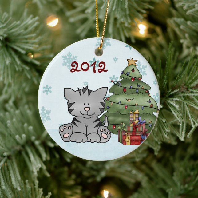 Ornement En Céramique 1er Noël du bébé Tigre gris personnalisé (Arbre)