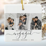 Ornement En Céramique 1er Noël Engagé 3 Photo Collage Gris Script<br><div class="desc">Commémorez votre fiançailles avec ce magnifique ornement de gardien moderne. Le texte gris dit "Notre premier Noël engagé",  avec le mot "engagé" dans un élégant script d'écriture manuscrite avec des fioritures avant et après. Remplacez les trois exemples d'images par vos photos verticales préférées,  et ajoutez vos noms et l'année.</div>