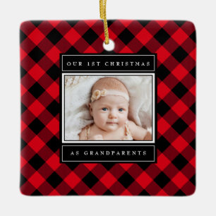 Ornement En Céramique 1er Noël Grand-parents Red Buffalo Plaid Photo