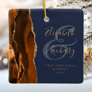 Ornement En Céramique 1er Noël Marié Orange Brûlé Agate Bleu Marine