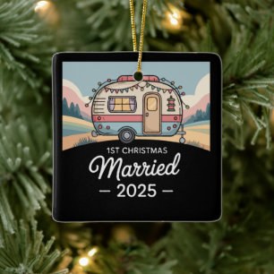 Ornement En Céramique 1er Noël Mariés 2025 Camionnette Vintage RV