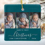 Ornement En Céramique 1er Noël Turquoise Bleu 3 Script photo<br><div class="desc">Aidez-les à commémorer le premier Noël de leur petit-enfant avec ce magnifique ornement moderne de gardien. Le texte blanc indique "Le premier Noël du bébé", avec le mot "Noël" dans un élégant script d'écriture manuscrite avec des fioritures avant et après sur un arrière - plan bleu turquoise. Remplacez les trois...</div>