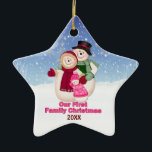 Ornement En Céramique 1Noël rose Frosty Snowman Famille<br><div class="desc">Frosty le bonhomme de neige avec Mme Frosty et la petite fille Frosty avec des flocons de neige arrière - plan. Ils sont habillés pour l'hiver en écharpe,  casquette et mitaines. L'ornement unique a une zone de date prête à vous customiser.</div>
