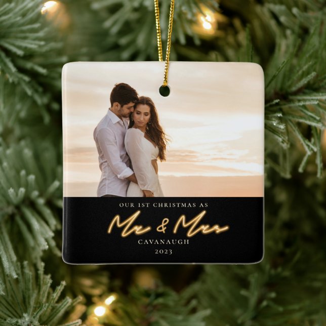 Ornement En Céramique 1st Christmas Married Neon Lettering Photo (Arbre)