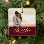 Ornement En Céramique 1st Christmas Married Neon Lettering Photo Ceramic<br><div class="desc">1st Christmas as Mr. & Mrs.,  golden neon lettering,  photo holiday ceramic ornament keepsake. Coordinating neon star pattern backing.</div>
