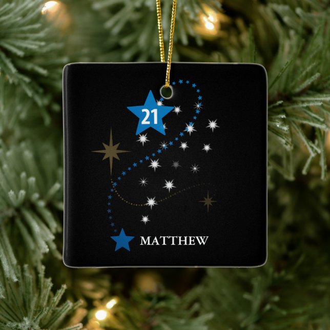 Ornement En Céramique 21e anniversaire bleu et noir Personnalisé (Arbre)
