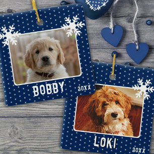 Ornement En Céramique 2 Chiens Animaux Photos Snowflakes Blue Christmas