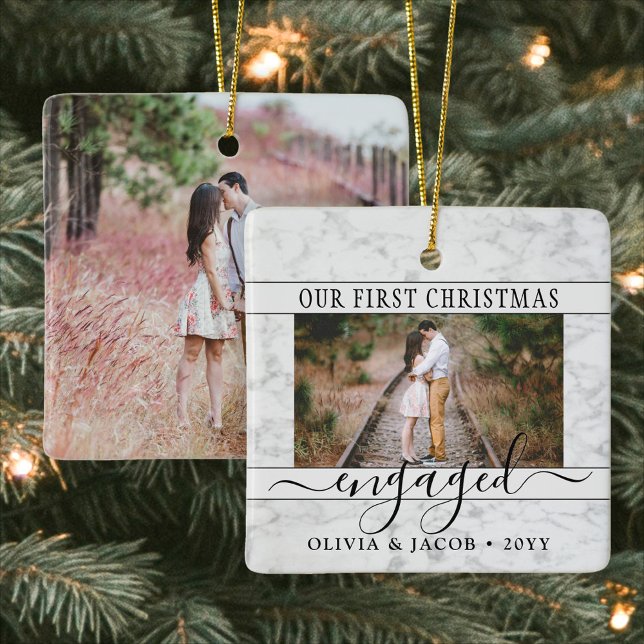 Ornement En Céramique 2 Fiançailles photo First Christmas Faux Marble (Créateur téléchargé)