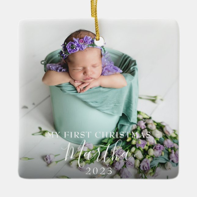Ornement En Céramique 2 Photo Mon premier bébé Noël Nom du script (Devant)