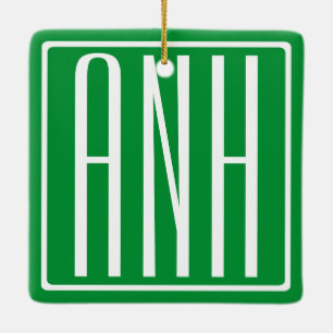 Ornement En Céramique 3 Initiales Monogramme   Vert et blanc