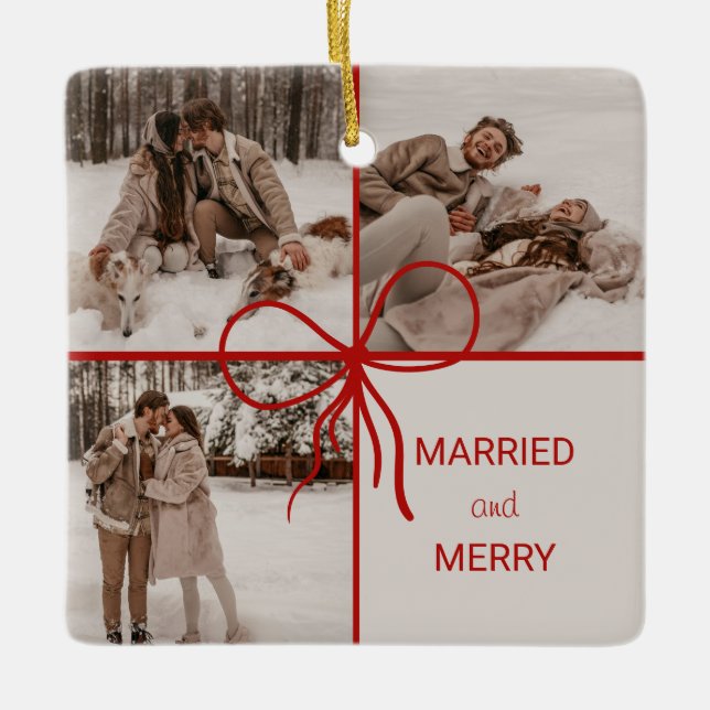 Ornement En Céramique 3 Photo Bow Wrap Christmas Newlyweds Modern (Devant)