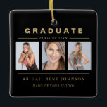 Ornement En Céramique 3 Photo de graduation de collage de Black Gold<br><div class="desc">Three Photo Graduation Collage Black and Gold Personalized Ornament.</div>