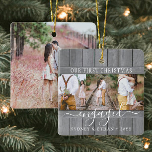 Ornement En Céramique 4 Photo Engagement 1st Christmas Gray Faux Wood