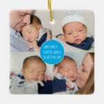 Ornement En Céramique 5 Famille De Photos Un Petit Monde Créé Par Love B<br><div class="desc">Un joli gardien et cadeau avec son collage de 4 photos carrés sur le devant, et la citation inspirante Notre Famille Un Petit Monde Créé par l'Amour au centre dans un cercle bleu. Sur le dos, une seule photo de culture carré remplit tout l'espace avec vos noms au fond sur...</div>