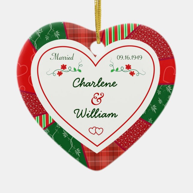 Ornement En Céramique 65e anniversaire Noël Quilt Heart Cadeau (Devant)