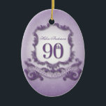 Ornement En Céramique 90th Birthday Celebration Personalized<br><div class="desc">Design in the style of coat of arms in purple colors with large 90th "BIRTHDAY CELEBRATION" onto a ribbon. Design on oval ceramic ornament with name. You can easily change name (color, font, size and position) by clicking the customize button. Available with design for 60th, 70th, 80th, 95th birthday. Matching...</div>