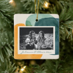 Ornement En Céramique Abstract Watercolor Shapes Teal Blue Photo Name<br><div class="desc">This stylish custom ceramic ornament features an understated painting of organic abstract watercolor shapes in beautiful shades of mustard yellow and teal blue and green. Personalize it with your name and photo. Great gift idea!</div>