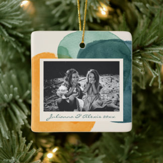 Ornement En Céramique Abstract Watercolor Shapes Teal Blue Photo Name