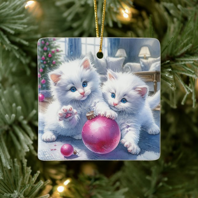 Ornement En Céramique Adorable Chatons Blancs Rose Noël Personnalisé (Arbre)
