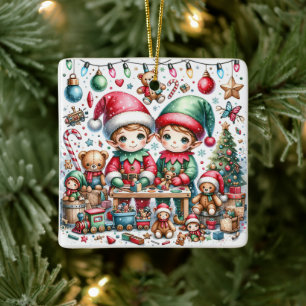 Ornement En Céramique Adorable elfes de Noël dans leur boutique de jouet