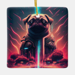 Ornement En Céramique Adorable Pug dans un costume de robot futuriste