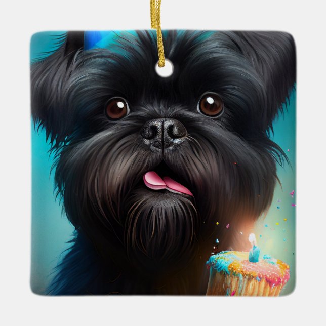 Ornement En Céramique Affenpinscher fête le gâteau des ballons d'anniver (Devant)