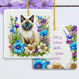 Ornement En Céramique Ai Aquarelle Siamese Chat en Fleurs Personnalisé