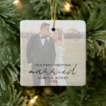 Ornement En Céramique Aimee Script Rustique Moderne Nouveau marié<br><div class="desc">L'ornement moderne de Noël avec un design simple avec "marié" dans un style rustique typographie script avec vos noms et année sur votre photo mariage préférée avec une superposition opaque. La superposition peut être supprimée dans l'outil d'édition de conception. Cet élégant ornement fait un grand cadeau pour un couple marié...</div>