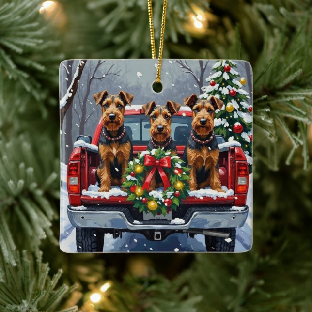 Ornement En Céramique Airedale Terrier Christmas Red Truck Holiday (Arbre)
