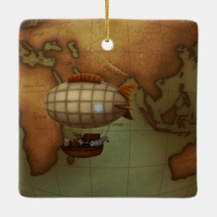 Ornement En Céramique Airship Flying Over Eastern Hemisphere Map