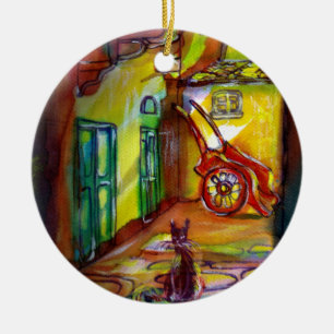 ORNEMENT EN CÉRAMIQUE ALLÉE MÉDIÉVALE DE NUIT À FLORENCE AVEC CHAT NOIR