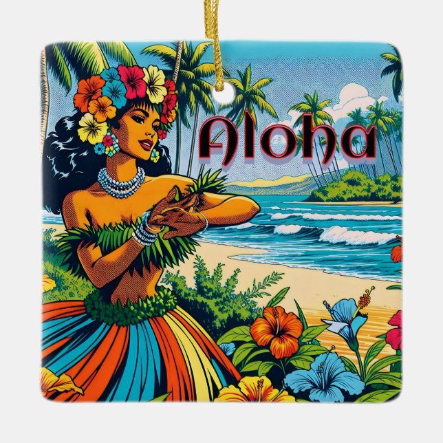 Ornement En Céramique Aloha | Hawaii Hula Dancer sur la plage (Devant)