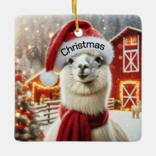 Ornement En Céramique Alpaca de Noël portant un chapeau de Père Noël