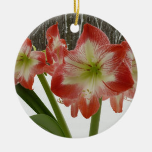 Ornement En Céramique Amaryllis en Fête Rouge Neige Hiver Floral